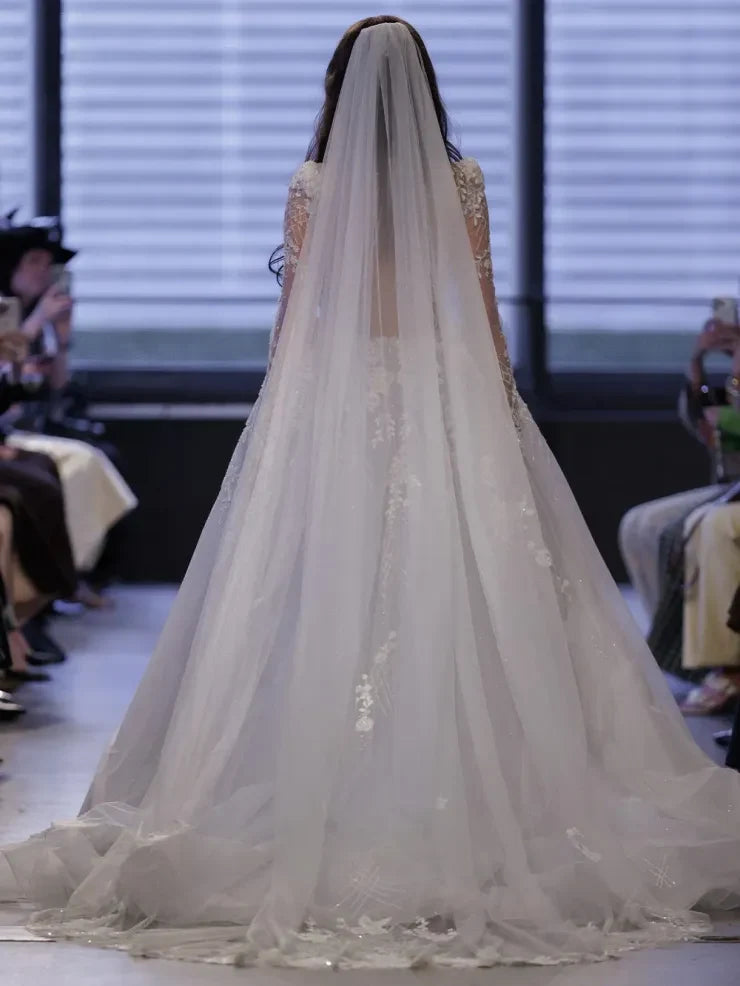 Elegant Ball Gown Deep V-Neck Long Sleeve Lace Ivory Floor-Length Wedding Dress