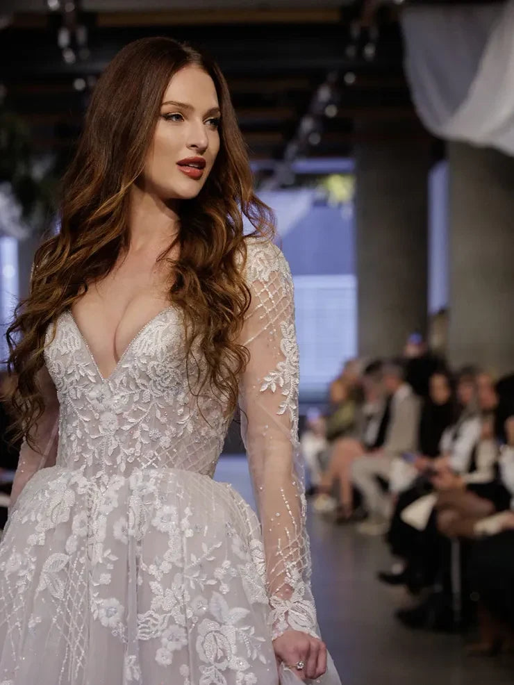 Elegant Ball Gown Deep V-Neck Long Sleeve Lace Ivory Floor-Length Wedding Dress