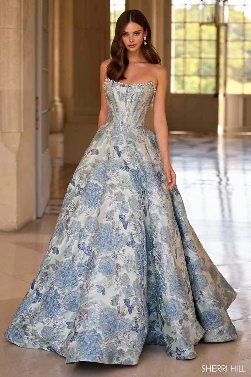Elegant Ball Gown Strapless Floral Butterfly Beaded Light Blue Floor-Length Prom Dress