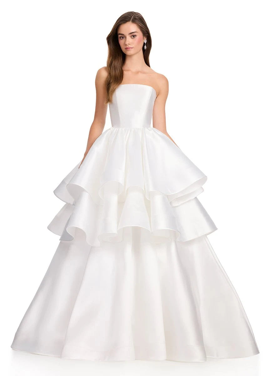 Elegant Ball Gown Strapless Tiered Ruffled White Floor-Length Prom Dresses