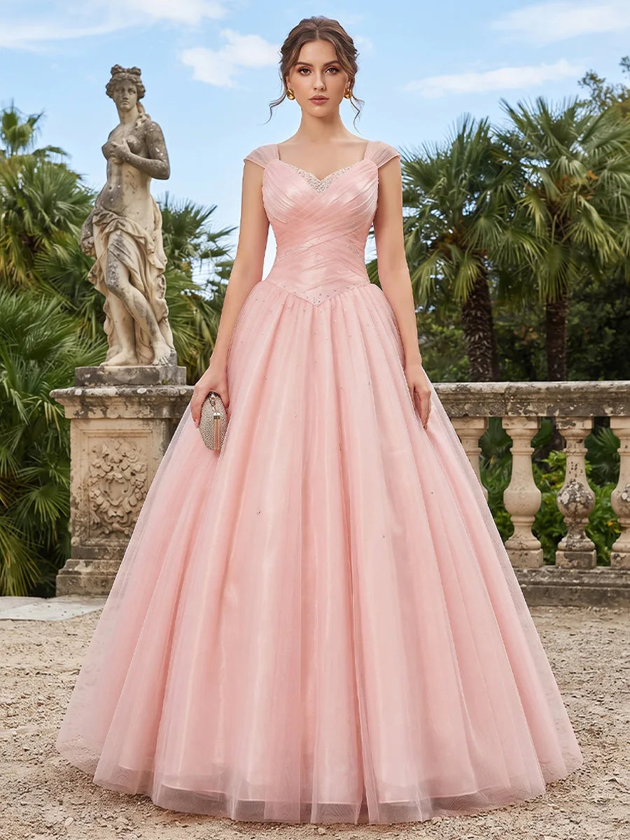 Elegant Ball Gown Sweetheart Cap Sleeve Beaded Corset Pink Floor-Length Prom Dress