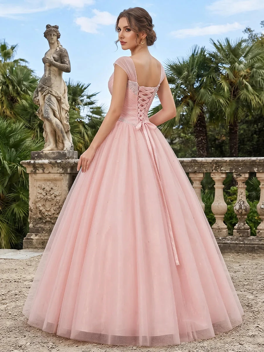 Elegant Ball Gown Sweetheart Cap Sleeve Beaded Corset Pink Floor-Length Prom Dress