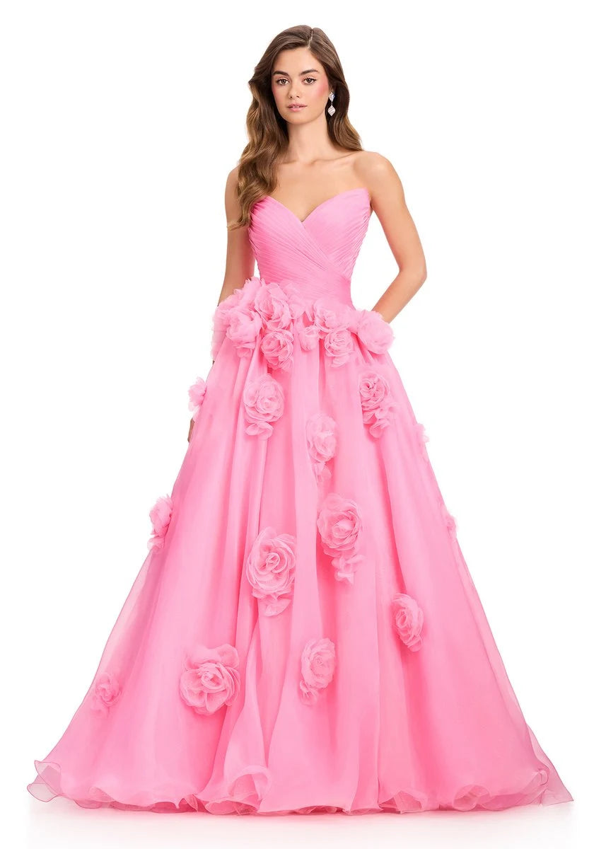 Elegant Ball Gown Sweetheart Strapless Pink Floral Prom Dress Women's Gown