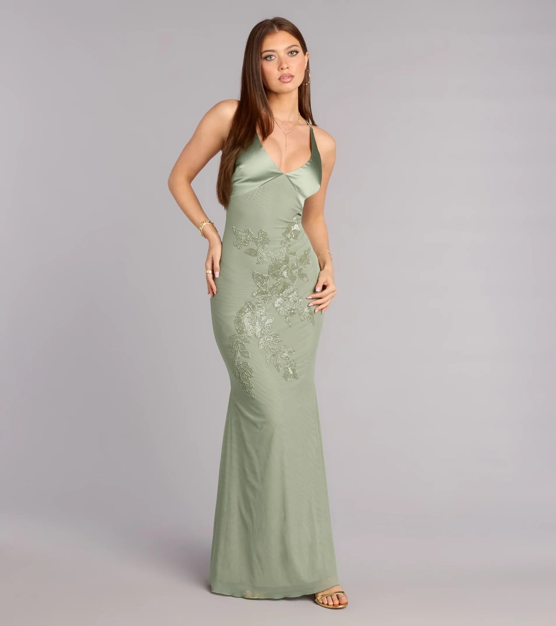 Elegant Beaded Floral Mermaid Halter V-Neck Sage Green Floor-Length Prom Gown