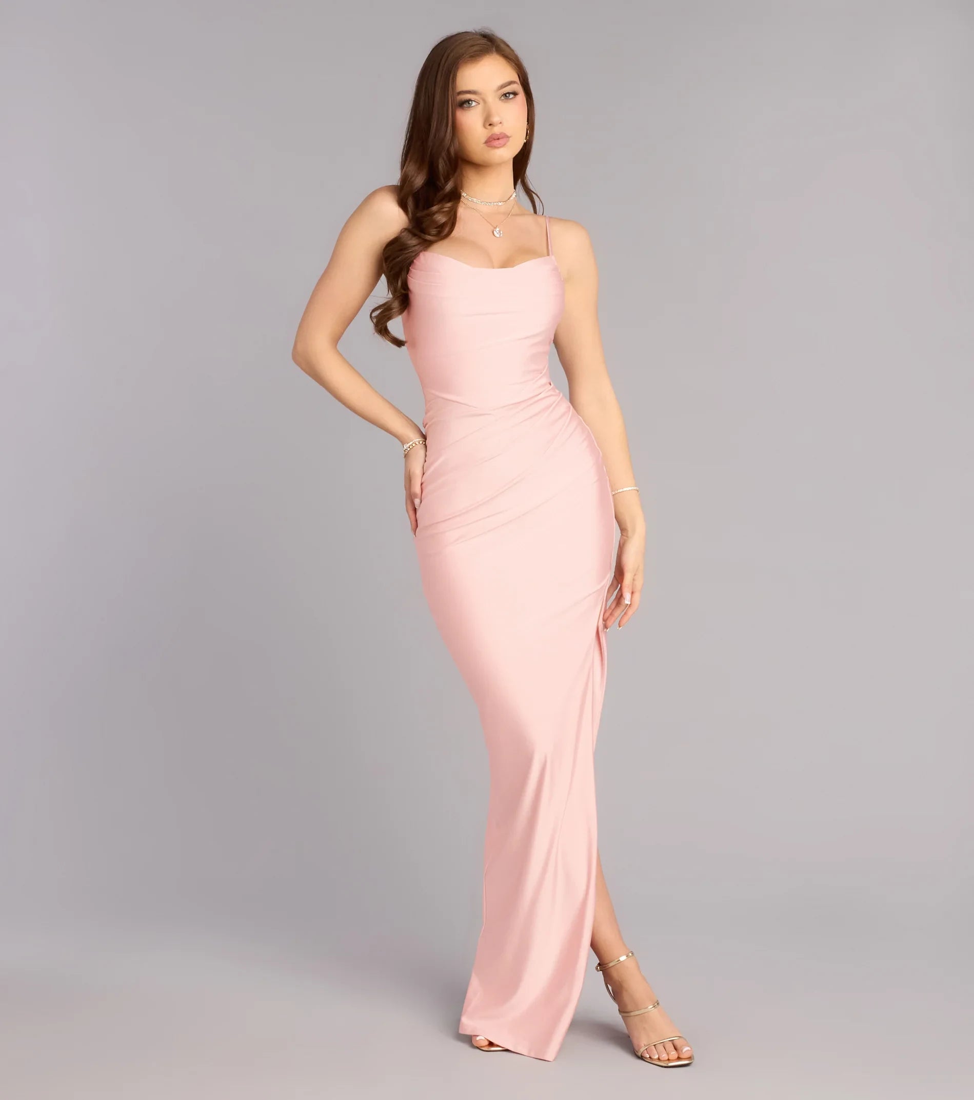 Elegant Bodycon Cowl Neck Sleeveless High Slit Pink Maxi Prom Dress