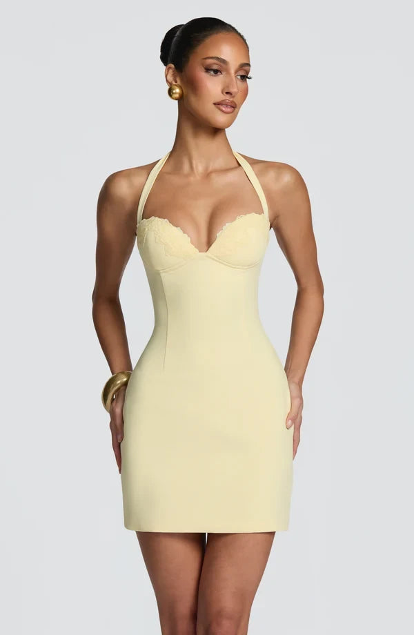 Elegant Bodycon Halter Sleeveless Chic Lace Lemon Mini Homecoming Dress for Women