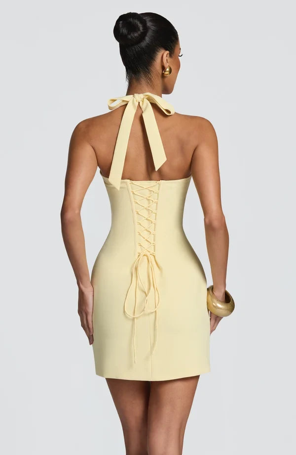 Elegant Bodycon Halter Sleeveless Chic Lace Lemon Mini Homecoming Dress for Women