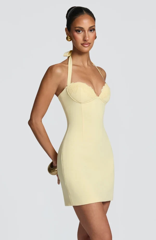 Elegant Bodycon Halter Sleeveless Chic Lace Lemon Mini Homecoming Dress for Women