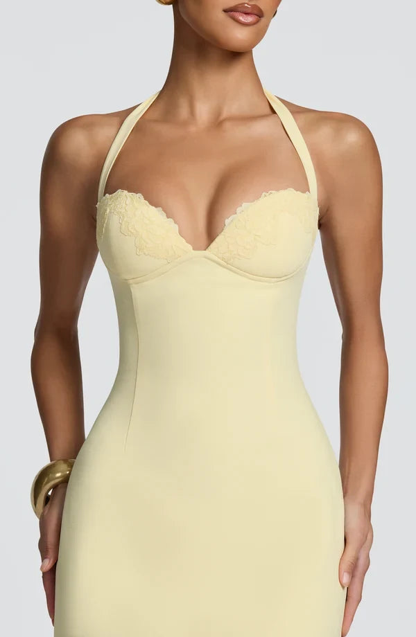 Elegant Bodycon Halter Sleeveless Chic Lace Lemon Mini Homecoming Dress for Women