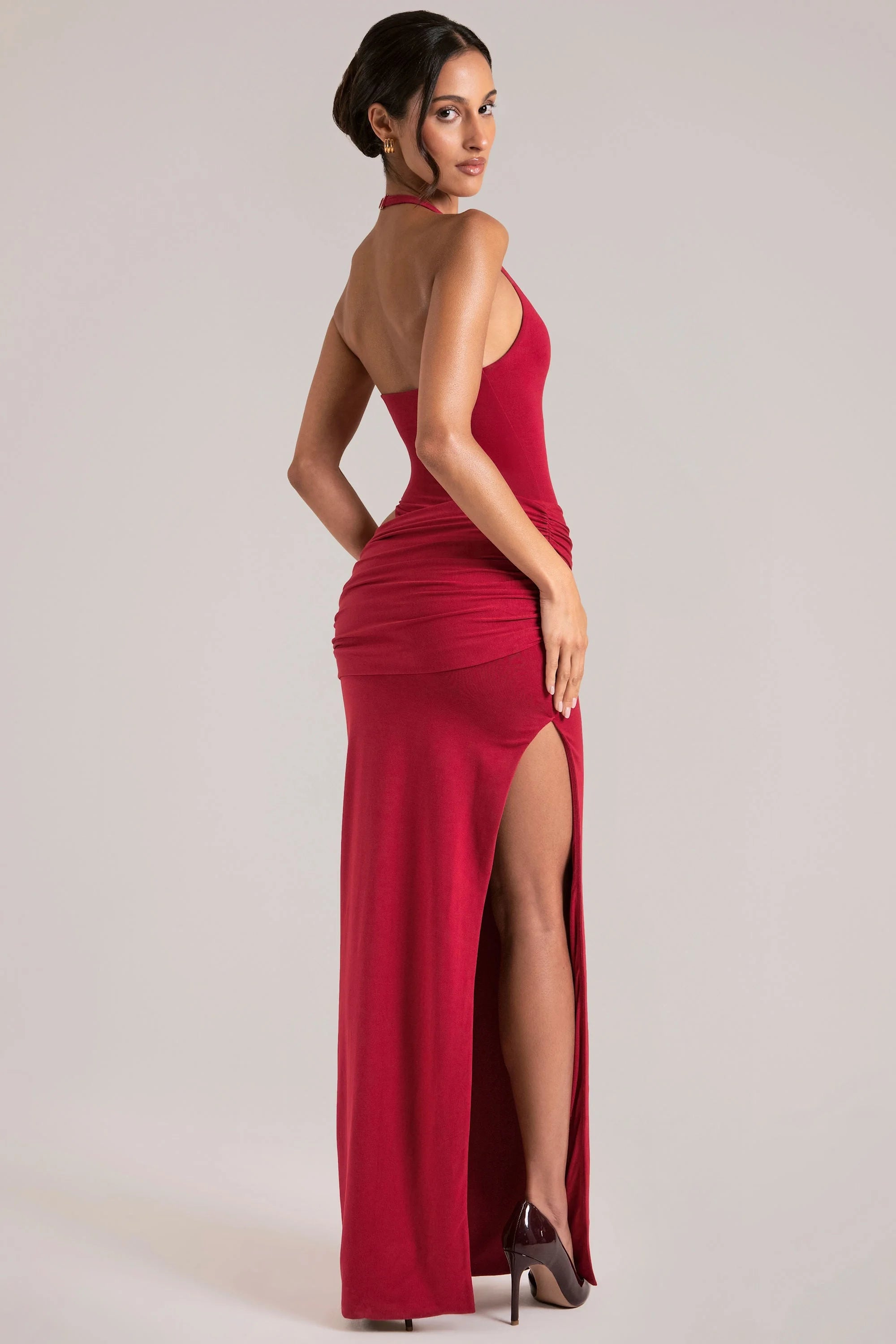 Elegant Bodycon Halter Sleeveless Ruched High Slit Red Maxi Prom Dress