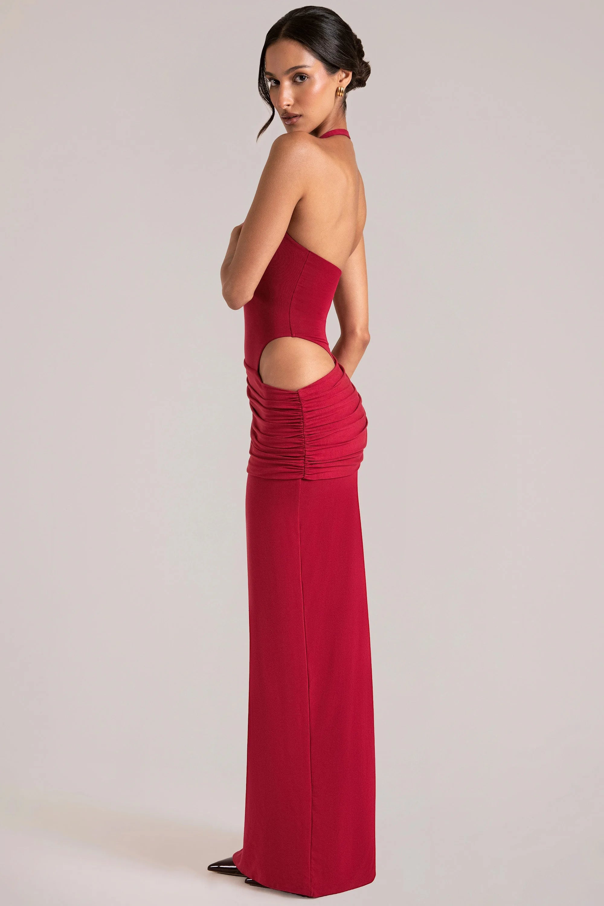 Elegant Bodycon Halter Sleeveless Ruched High Slit Red Maxi Prom Dress