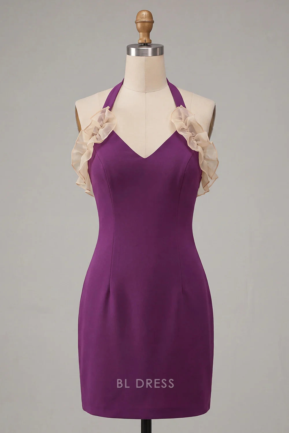 Elegant Bodycon Halter Sleeveless Ruffled Lace-Up Purple Mini Homecoming Dress Women's