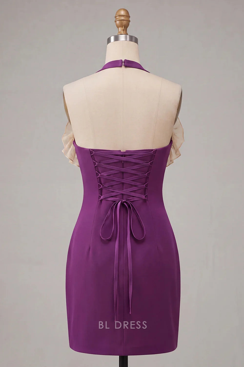 Elegant Bodycon Halter Sleeveless Ruffled Lace-Up Purple Mini Homecoming Dress Women's