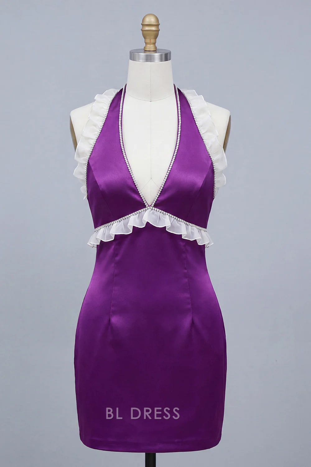 Elegant Bodycon Halter Sleeveless Ruffled Lace-up Purple Mini Homecoming Dress