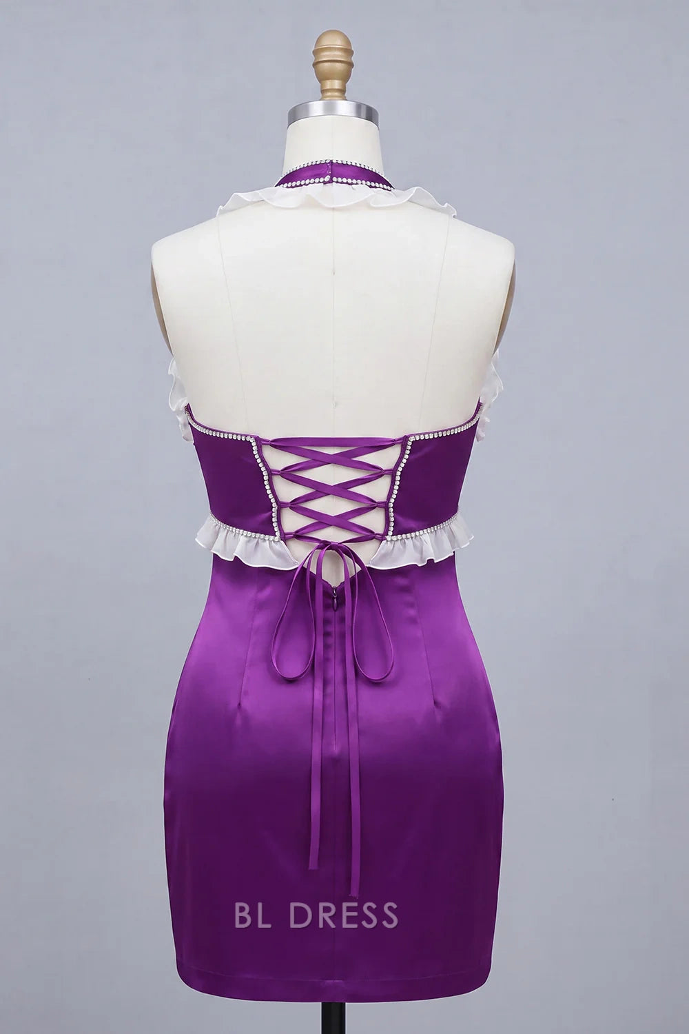 Elegant Bodycon Halter Sleeveless Ruffled Lace-up Purple Mini Homecoming Dress