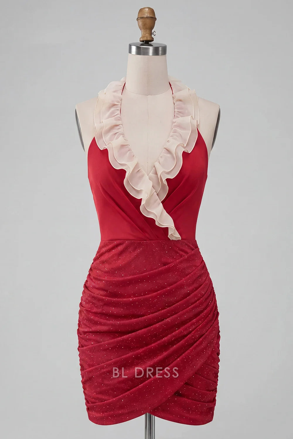 Elegant Bodycon Halter Sleeveless Ruffled Sparkly Red Short Homecoming Dress