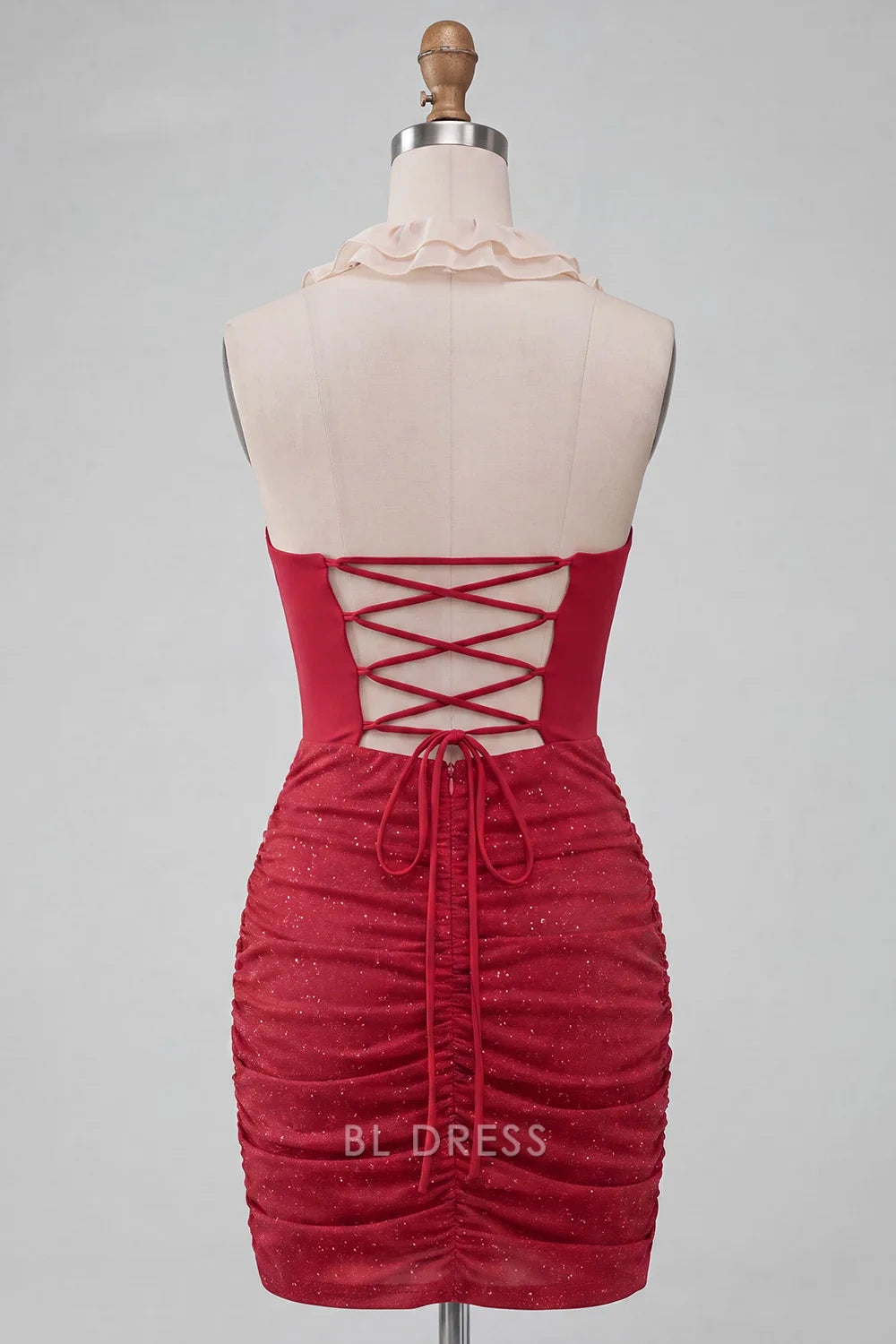 Elegant Bodycon Halter Sleeveless Ruffled Sparkly Red Short Homecoming Dress