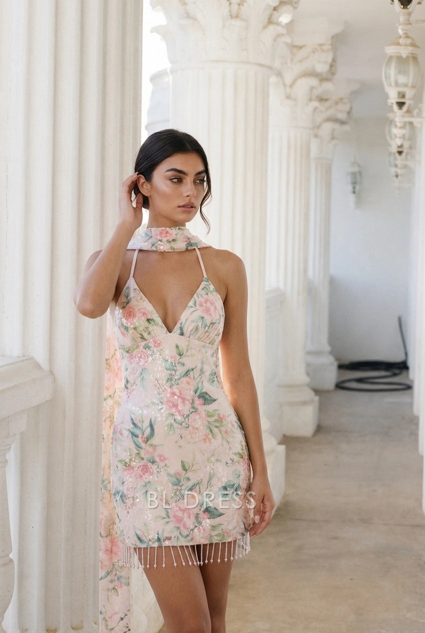 Elegant Bodycon Halter V-Neck Sleeveless Floral Sequin Blush Pink Mini Homecoming Dress Women's