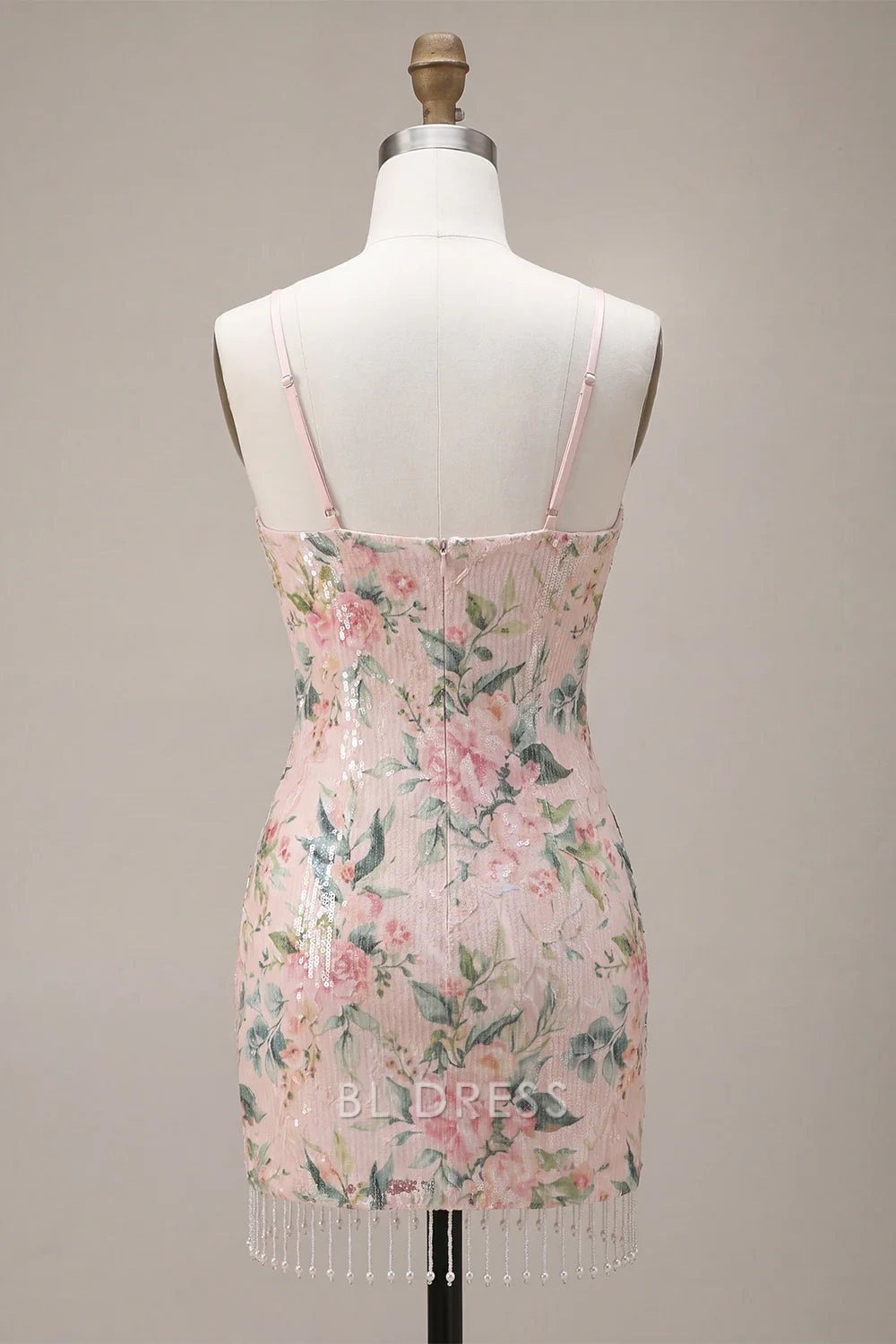 Elegant Bodycon Halter V-Neck Sleeveless Floral Sequin Blush Pink Mini Homecoming Dress Women's