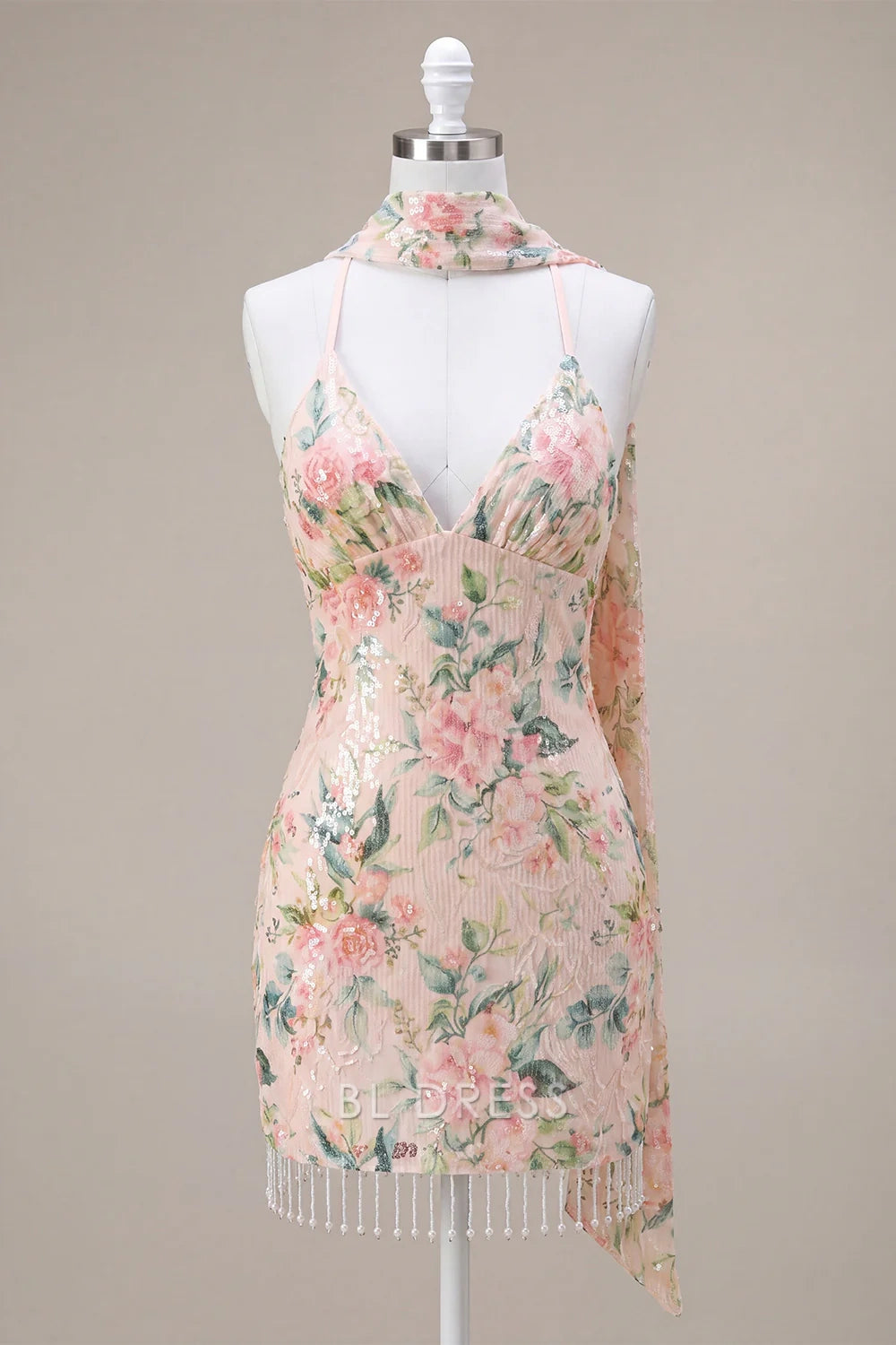Elegant Bodycon Halter V-Neck Sleeveless Floral Sequin Blush Pink Mini Homecoming Dress Women's