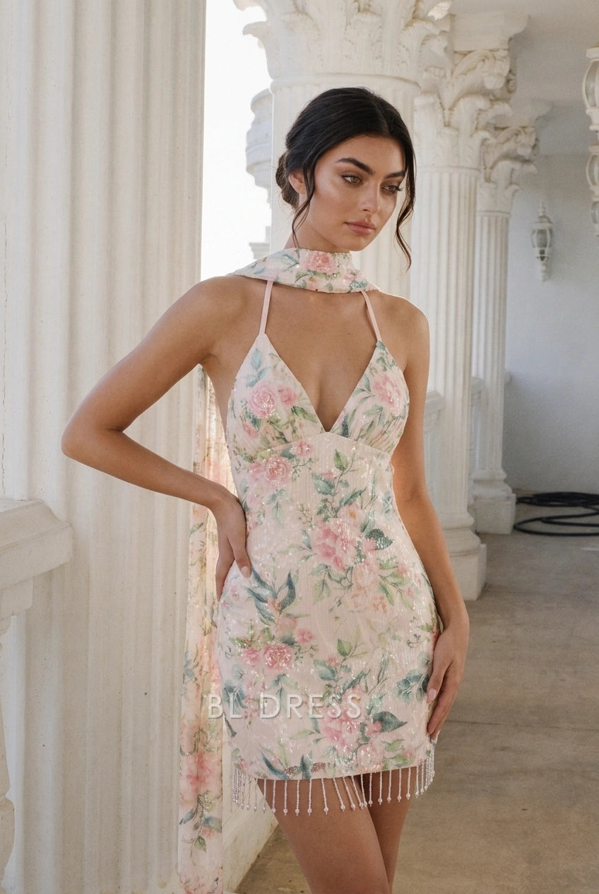 Elegant Bodycon Halter V-Neck Sleeveless Floral Sequin Blush Pink Mini Homecoming Dress Women's