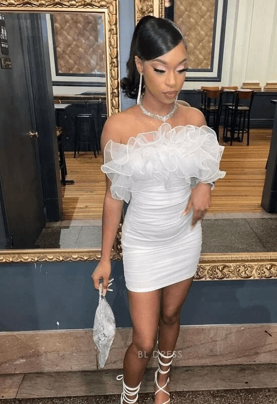 Elegant Bodycon Off-Shoulder Ruffled Ruched White Mini Homecoming Dress Women's