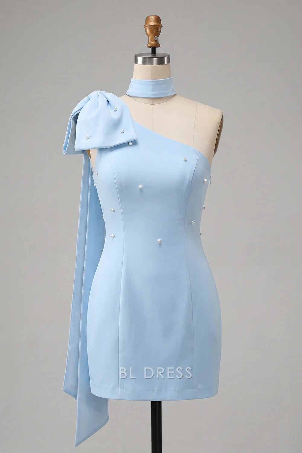 Elegant Bodycon One-Shoulder Bow Pearl Light Blue Mini Homecoming Dress