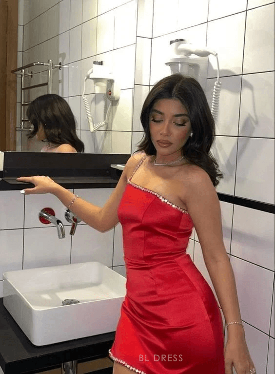 Elegant Bodycon One-Shoulder Sequin Trim Red Mini Homecoming Dresses Women's Dress