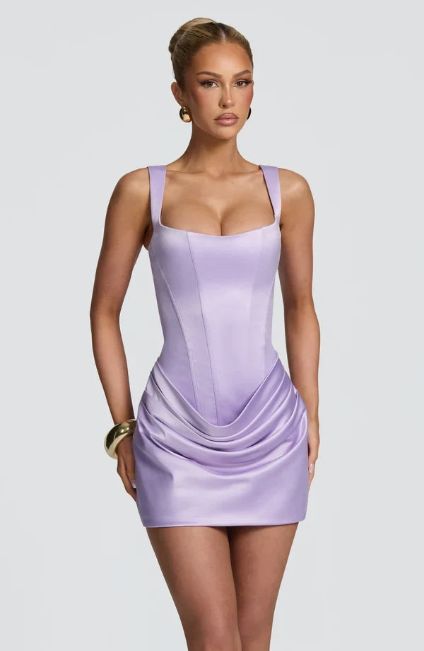 Elegant Bodycon Square Neck Sleeveless Corset Draped Lilac Mini Homecoming Dress Women