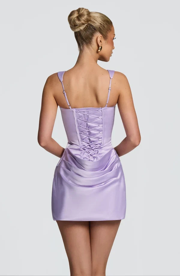 Elegant Bodycon Square Neck Sleeveless Corset Draped Lilac Mini Homecoming Dress Women