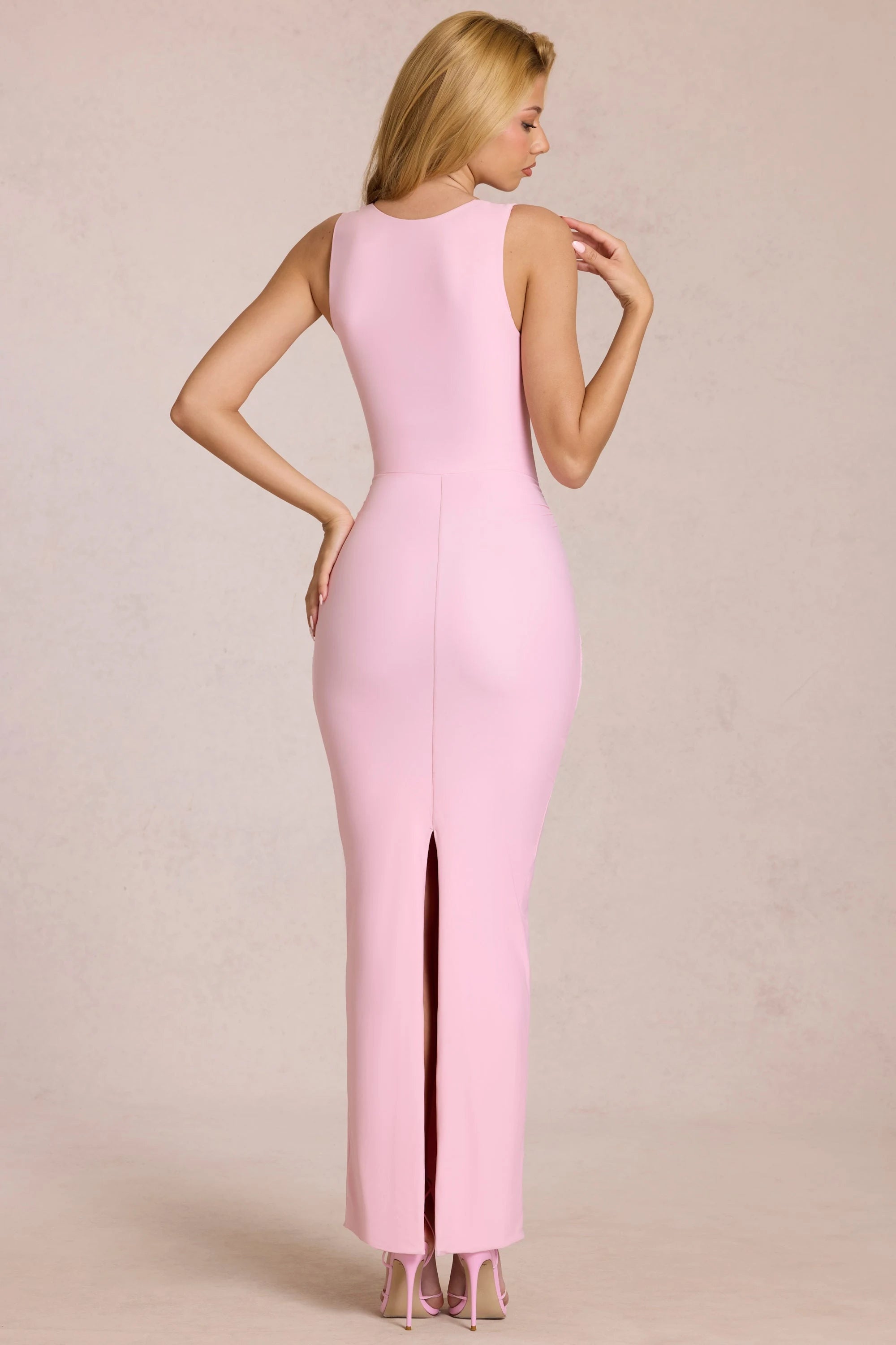 Elegant Bodycon Square Neck Sleeveless Ruched Pink Maxi Prom Dress for Women