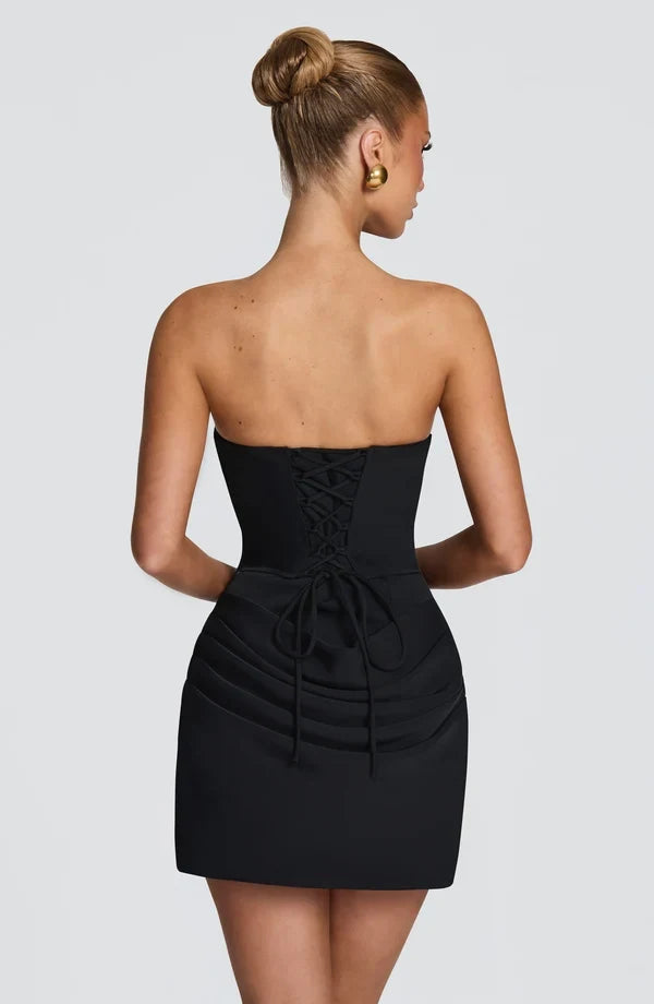 Elegant Bodycon Strapless Draped Ruched Black Mini Homecoming Dress Women