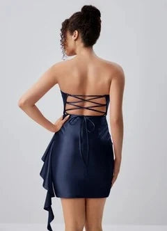 Elegant Bodycon Strapless Ruffled Ruched Navy Mini Homecoming Dress Women's Gown