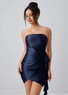 Elegant Bodycon Strapless Ruffled Ruched Navy Mini Homecoming Dress Women's Gown