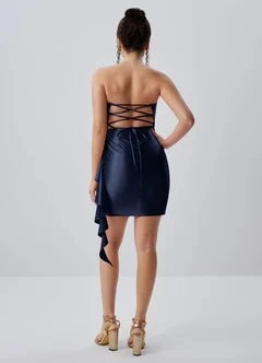 Elegant Bodycon Strapless Ruffled Ruched Navy Mini Homecoming Dress Women's Gown