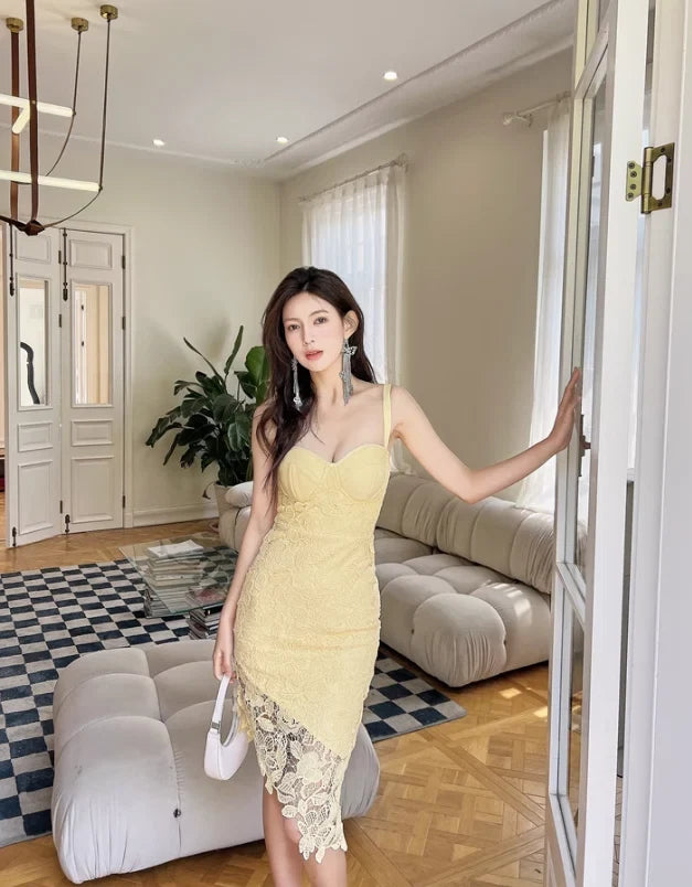 Elegant Bodycon Sweetheart Sleeveless Asymmetrical Lace Light Yellow Knee-Length Homecoming Dresses Women's Party