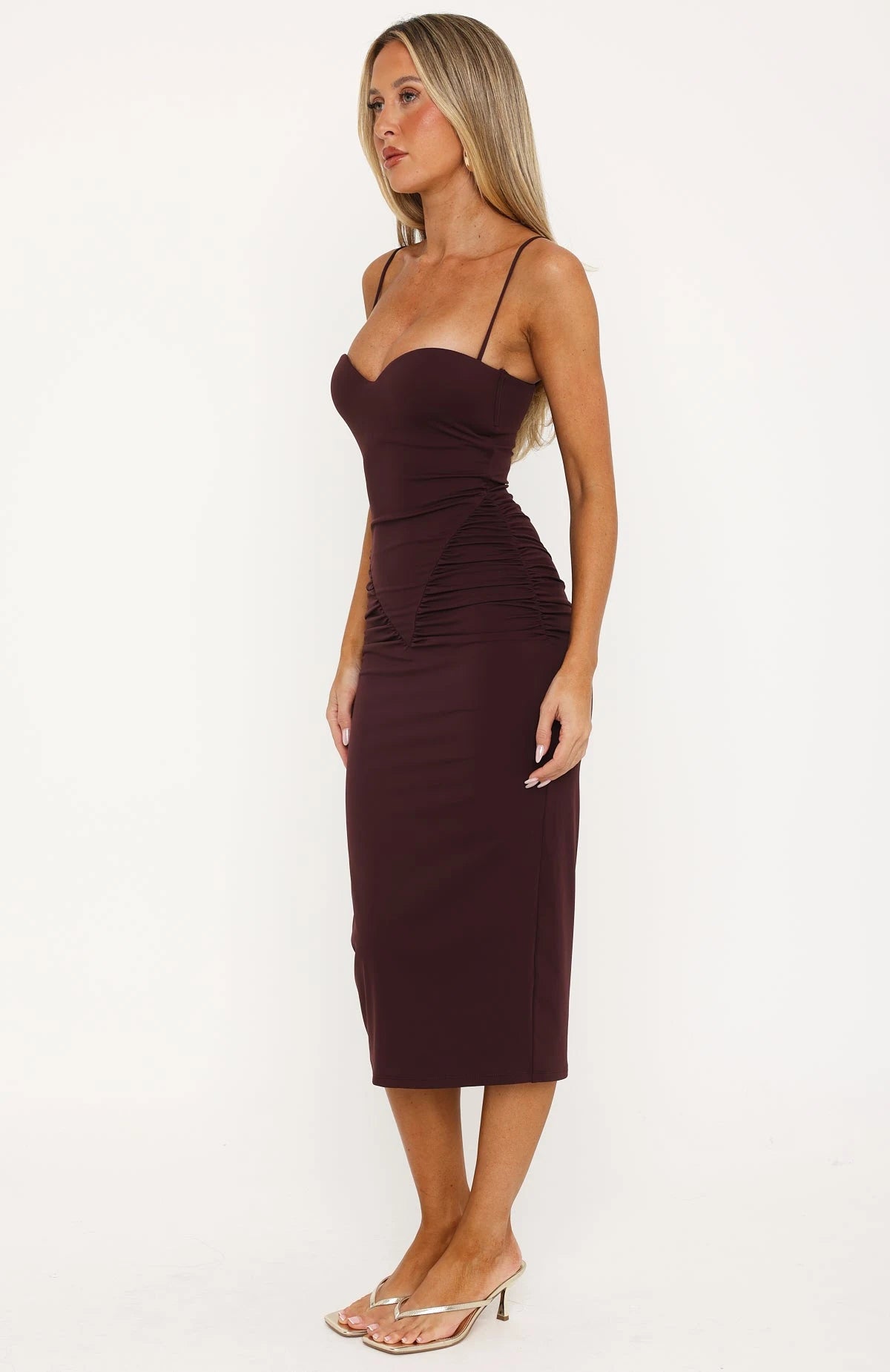 Elegant Bodycon Sweetheart Sleeveless Ruched Corset Burgundy Midi Prom Dress Women's