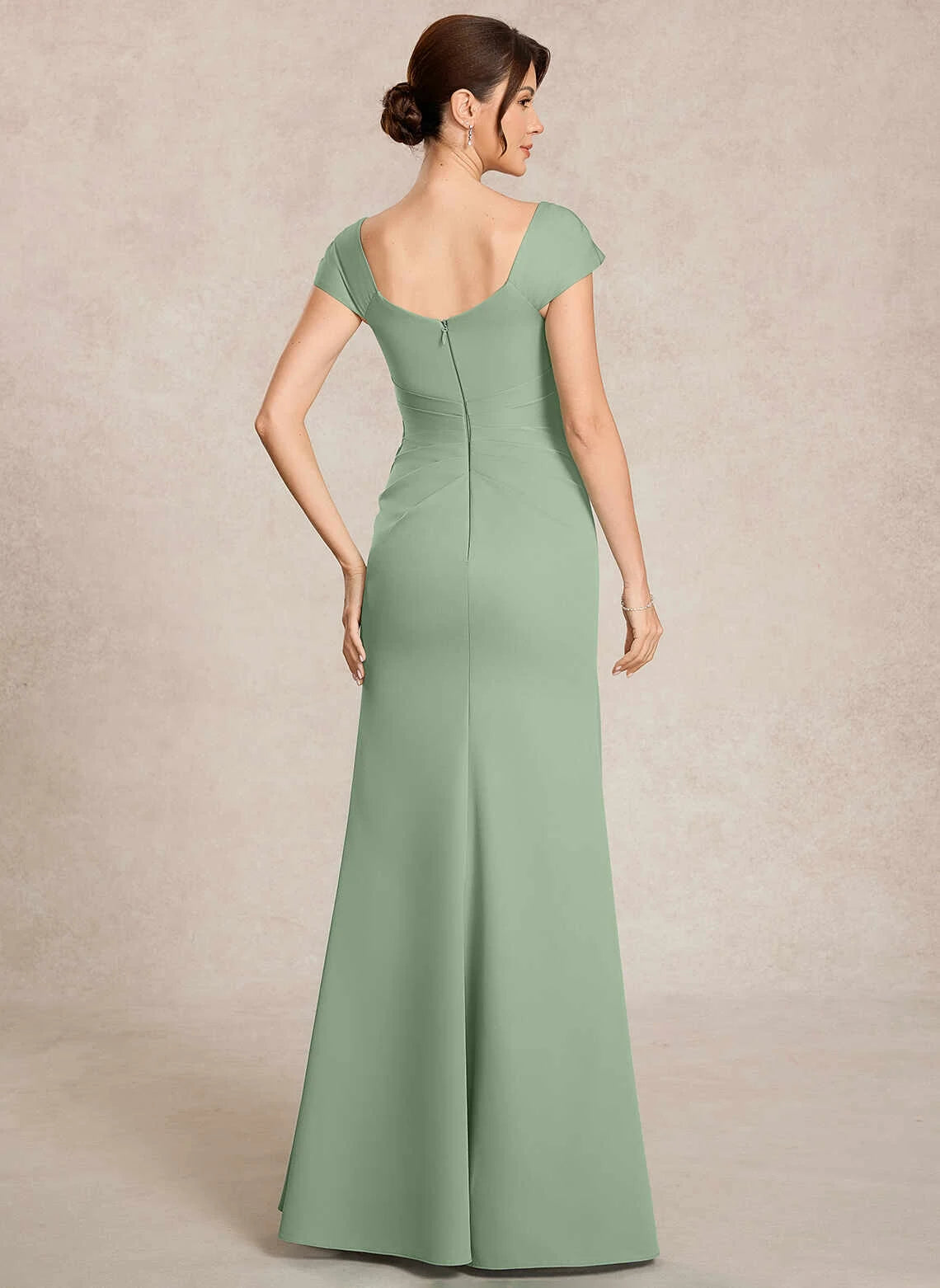 Elegant Column Asymmetrical Cap Sleeve Pleated Slit Sage Floor Mother of the Bride Dress Women Gown