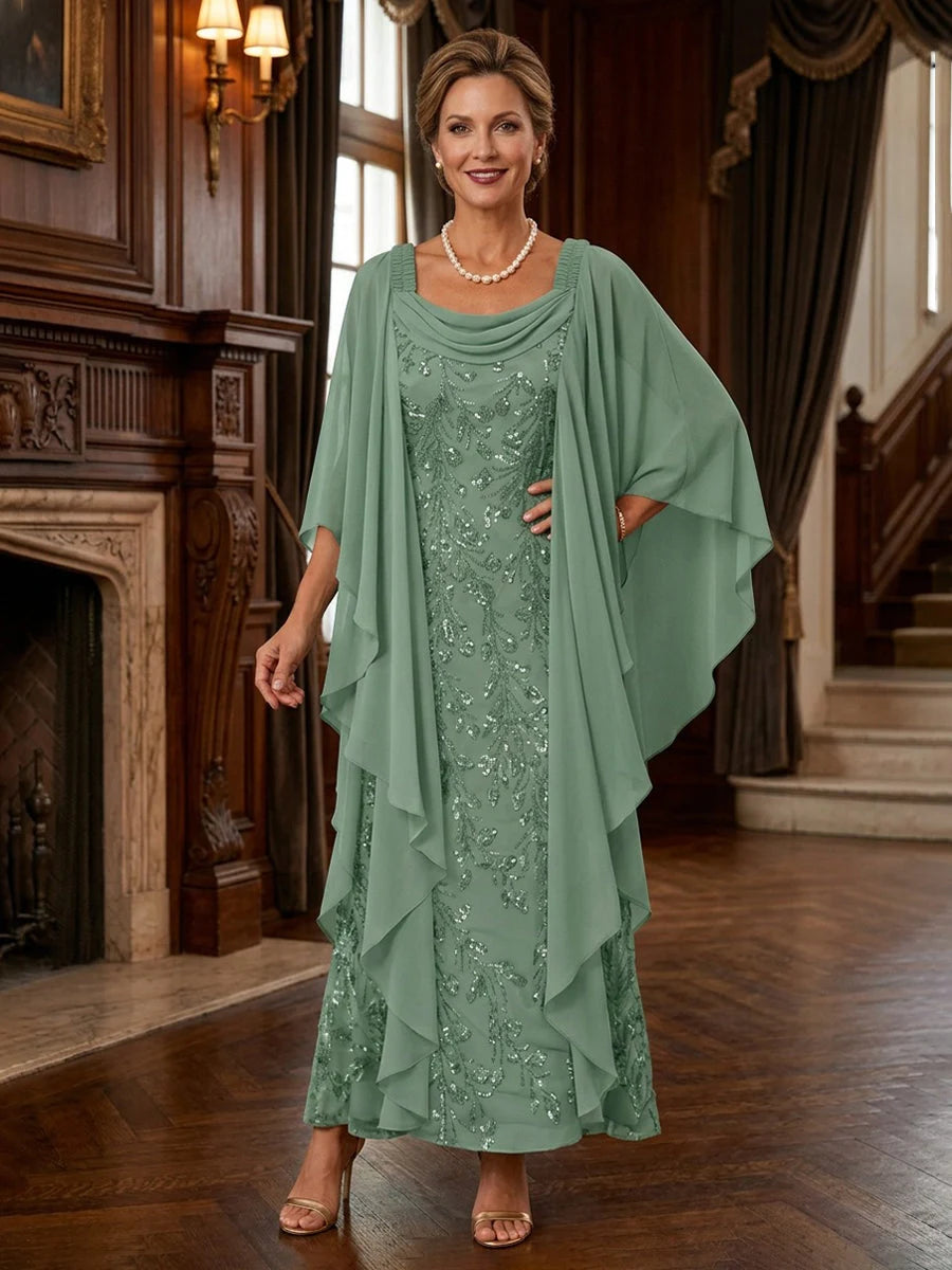 Elegant Column Cowl Sequined Sage Maxi Mother of the Bride Dress