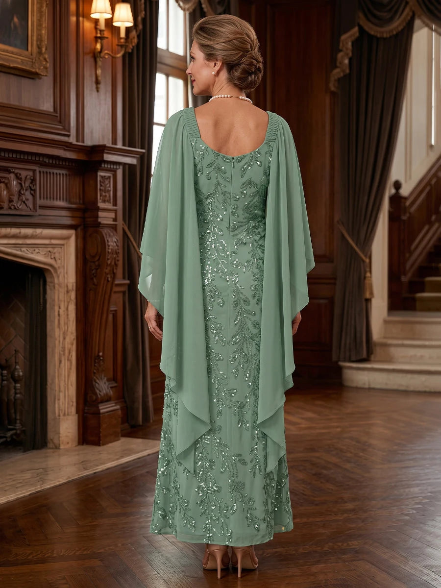 Elegant Column Cowl Sequined Sage Maxi Mother of the Bride Dress