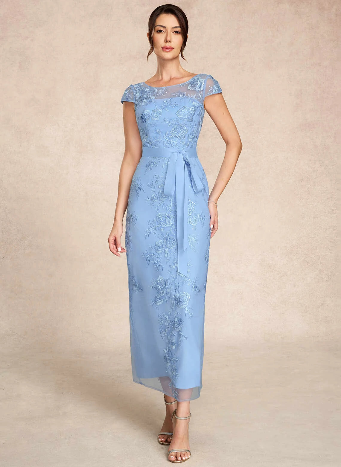 Elegant Column Illusion Cap Sleeve Embroidered Blue Maxi Mother of the Bride Dress Women Gown
