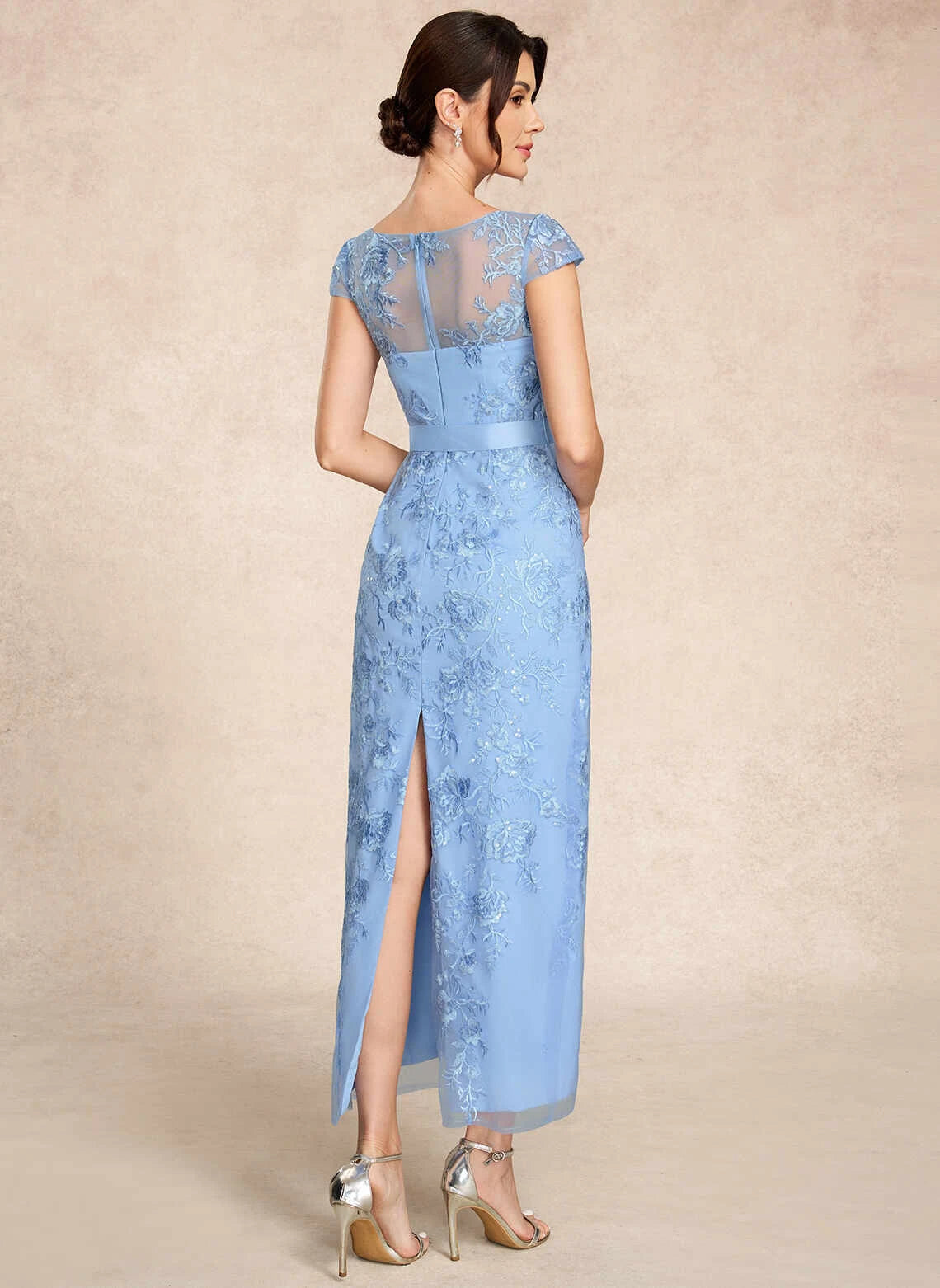 Elegant Column Illusion Cap Sleeve Embroidered Blue Maxi Mother of the Bride Dress Women Gown