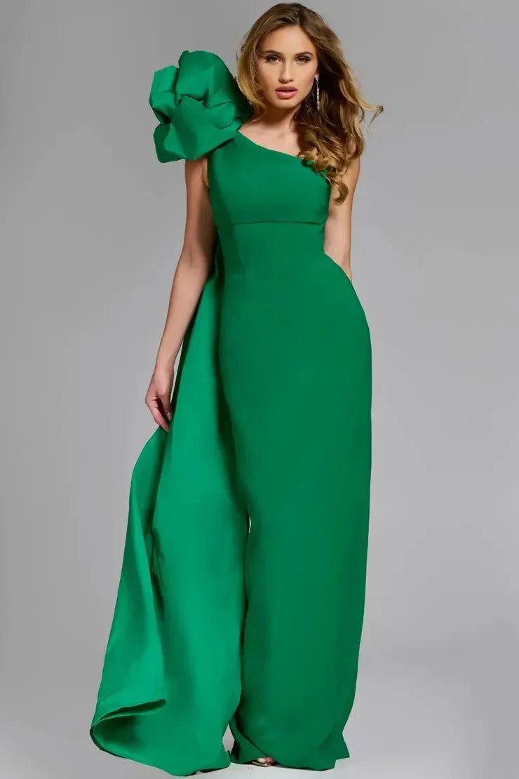 Elegant Column One-Shoulder Sleeveless Rosette Cape Green Maxi Prom Dresses Women