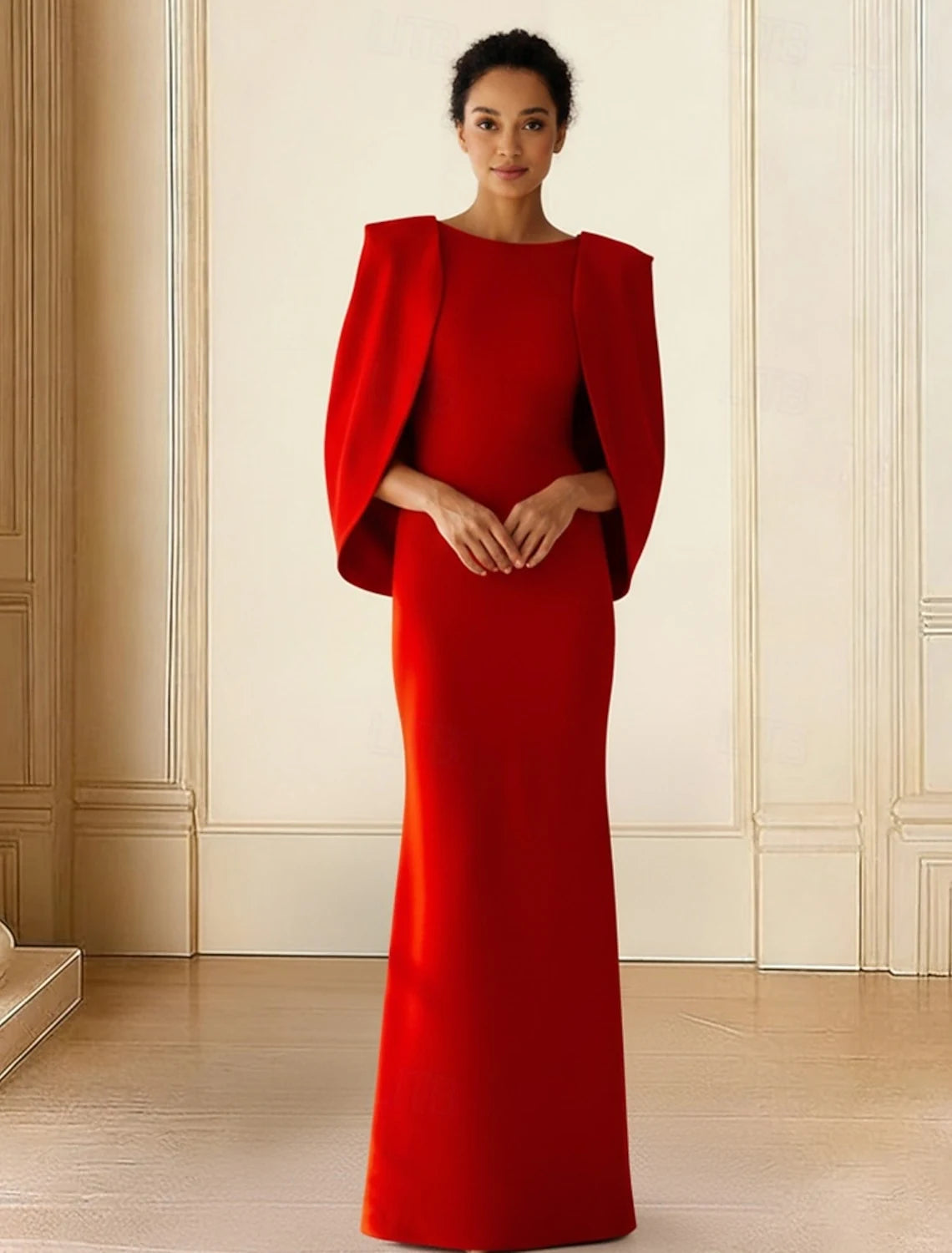 Elegant Column Sheath Boat Neck Cape Overlay Scarlet Red Floor-Length Evening Gown