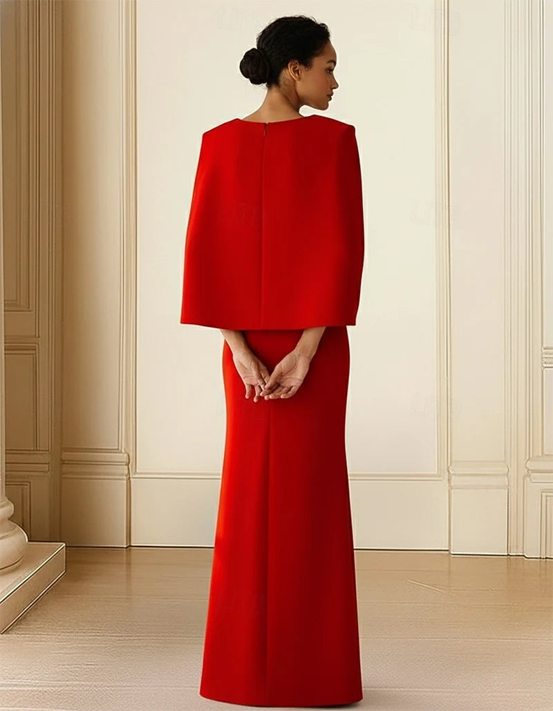 Elegant Column Sheath Boat Neck Cape Overlay Scarlet Red Floor-Length Evening Gown
