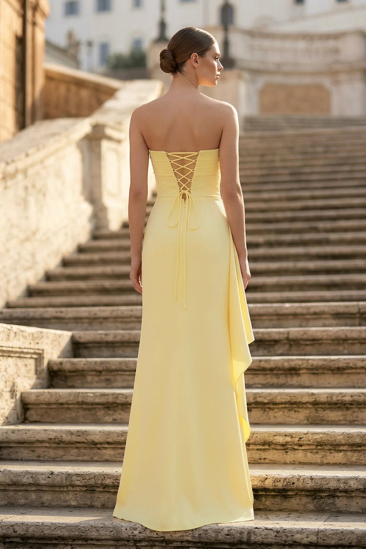 Elegant Column Strapless Sleeveless Ruched Slit Yellow Maxi Prom Dresses Women
