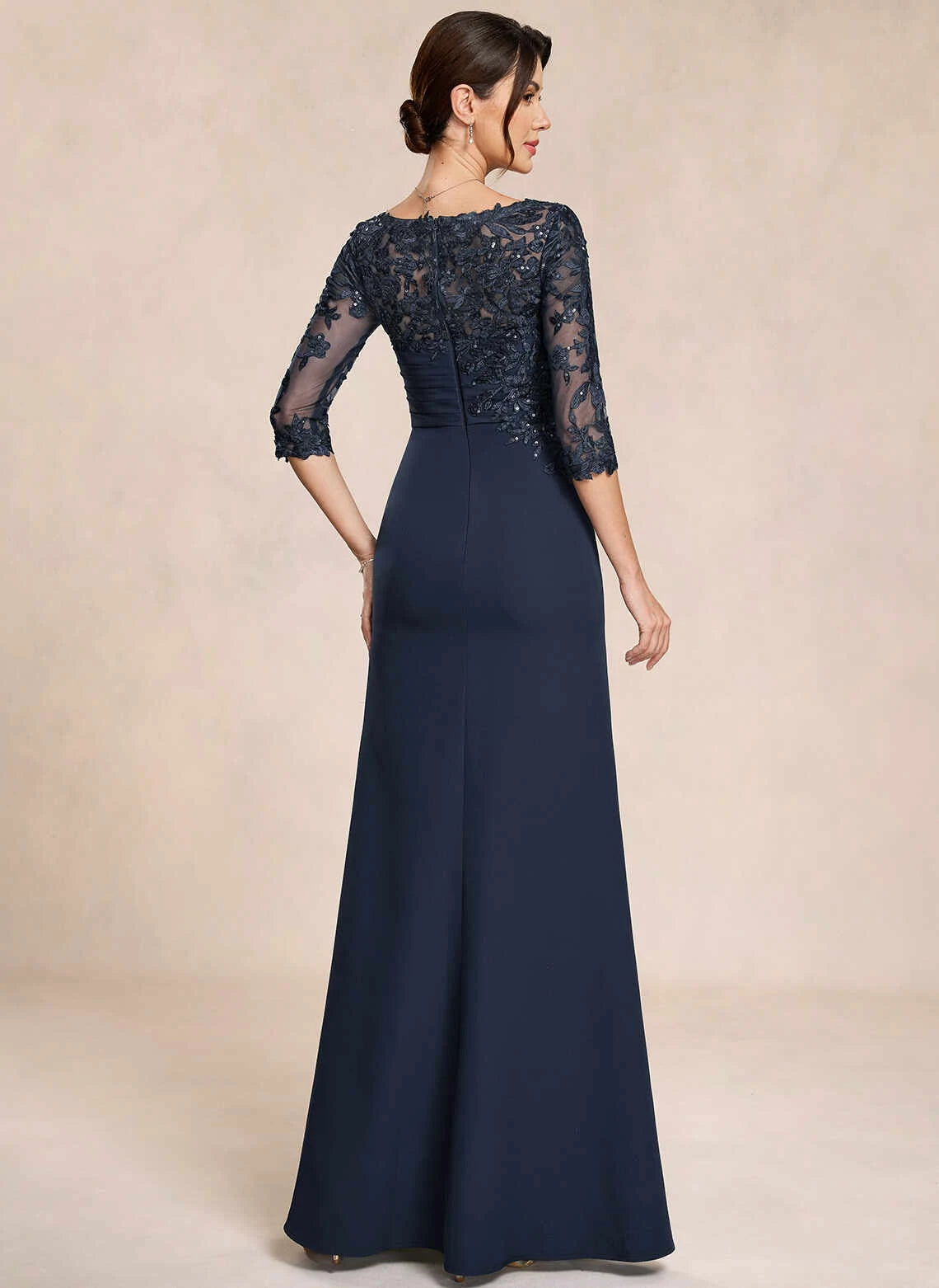 Elegant Column V-Neck Sleeved Pleated Lace Navy Long Mother of the Bride Dress For Women