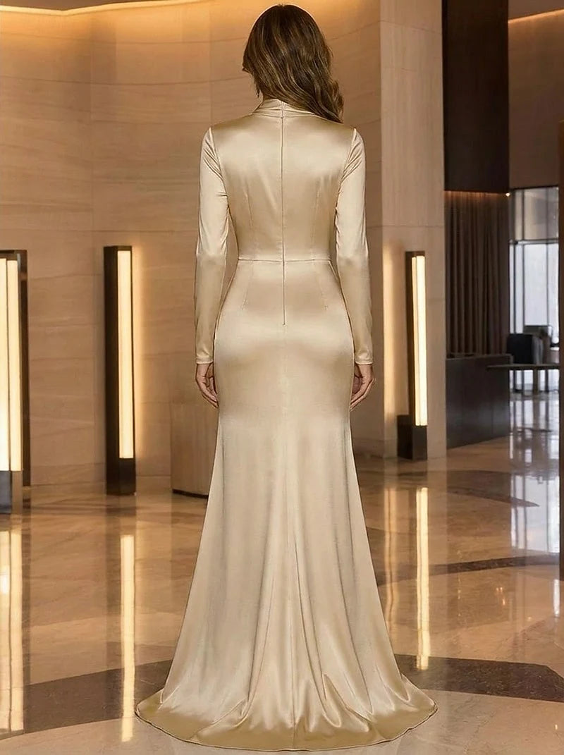 Elegant Cowl Neck Long Sleeve Champagne Mermaid Prom Gown