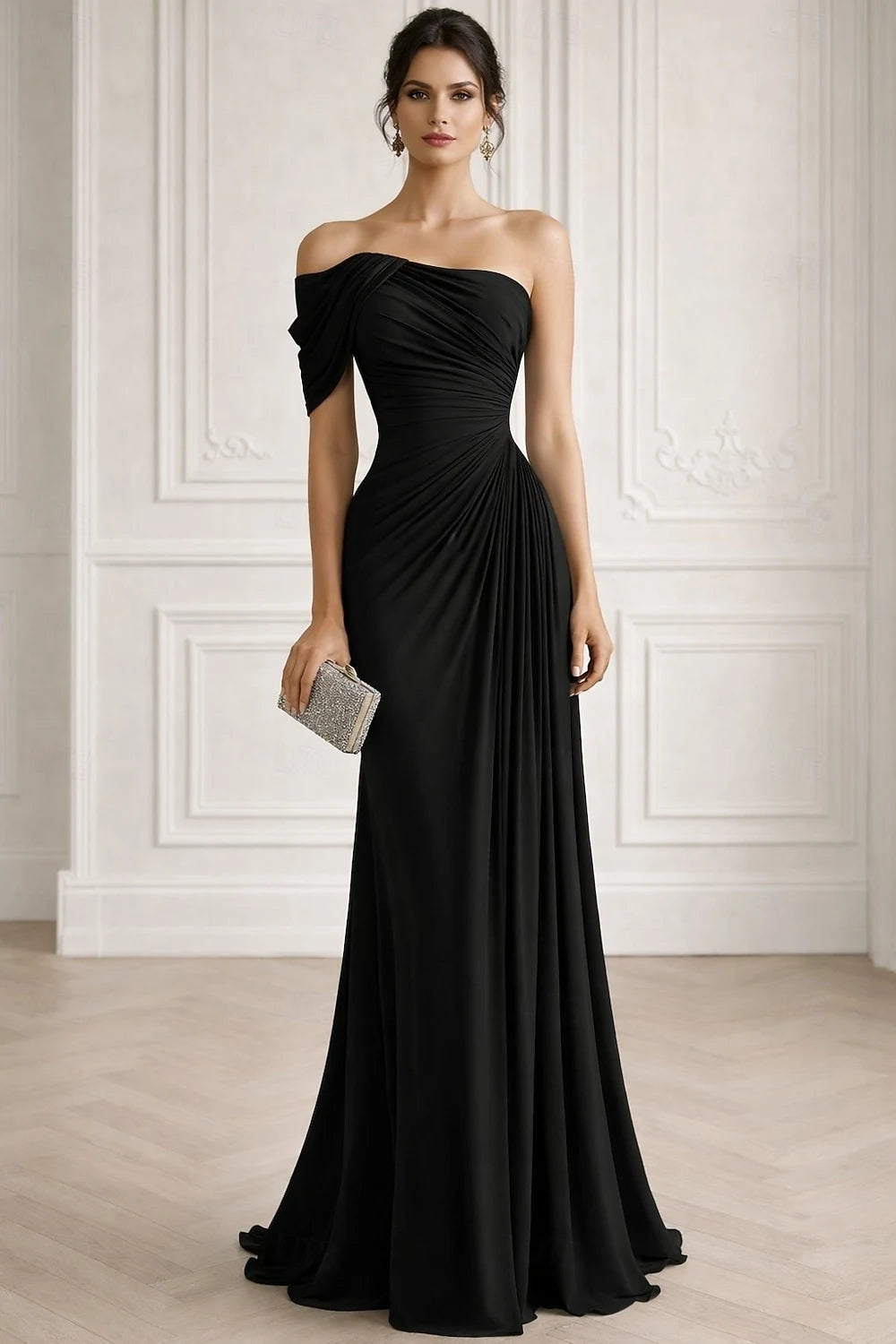 Elegant Draped A-Line Off-Shoulder Glamorous Black Floor-Length Evening Dress Women's Gown
