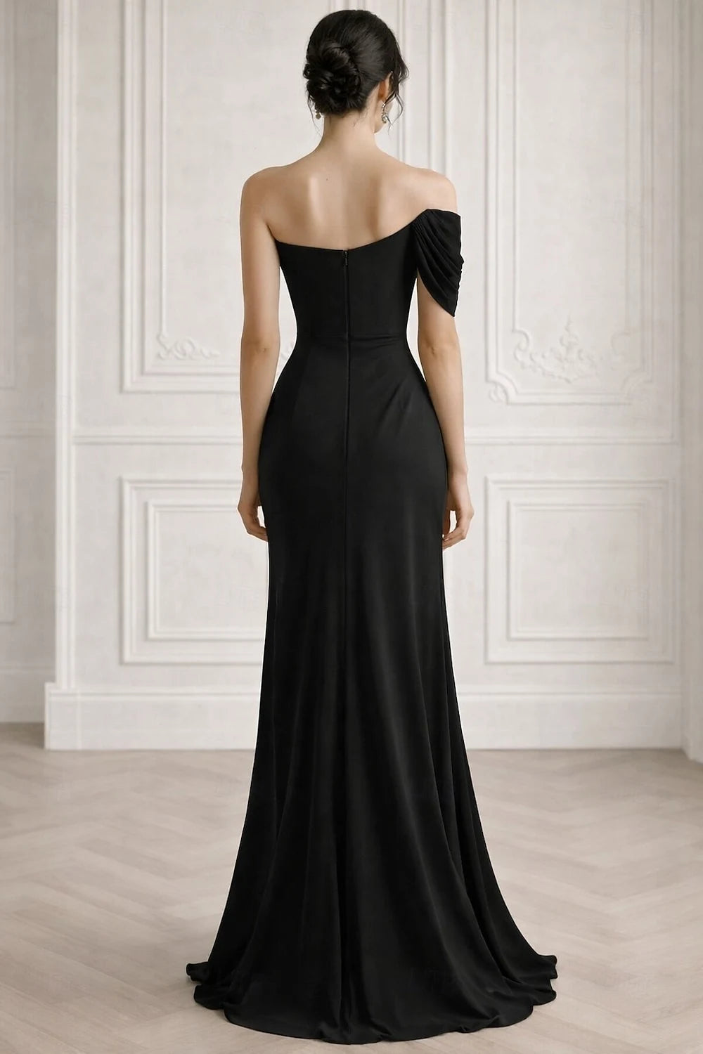 Elegant Draped A-Line Off-Shoulder Glamorous Black Floor-Length Evening Dress Women's Gown